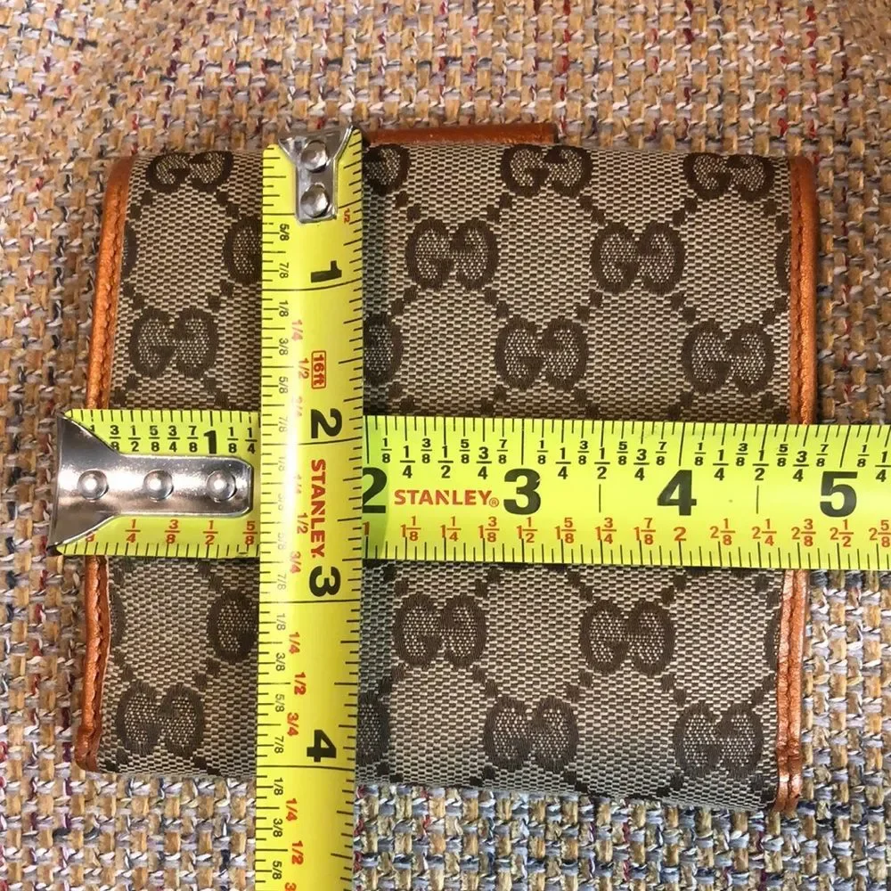 GUCCI GG Monogram Orange Leather Tan Canvas Trifold Wallet Vintage AUTHENTIC